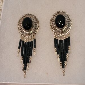 SterlingSilver Chandelier Concho Black & Silver Earrings with Intricate Design